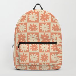 Peach And Off White Checkered Floral Pattern Backpack