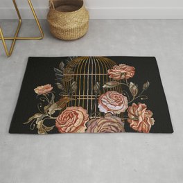 Golden birds cage and vintage buds of wild pink roses. Freedom concept. Spring fashion art Rug