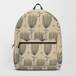 Bergamo Flowers and Suns - Midcentury Modern Floral Dot Pattern in Retro Gray, Mustard Yellow, and Beige Backpack