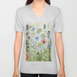 Floral Watercolor Botanical Cottage Garden Flowers Bees Nature Art V Neck T Shirt