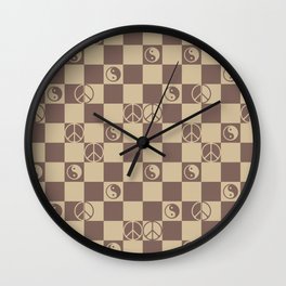 Checkered Peace Symbol & Yin Yang (Cocoa Mocha Colors) Wall Clock