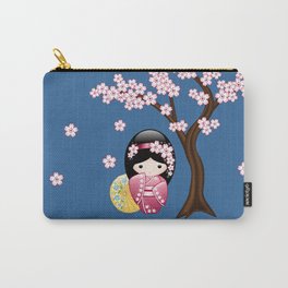 Japanese Spring Kokeshi Doll on Blue Carry-All Pouch