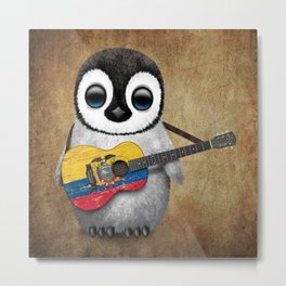 Baby Penguin Playing Ecuadorian Flag Acoustic Guitar Metal Print