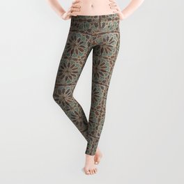 Vintage ceramic Cuenca tiles with intricate pattern, Spain, in brown, white, and turquoise green (1400s or 1500s) Leggings