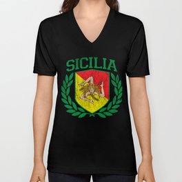 SICILY - Sicilia Flag and Shield Trinacria - Sicilian Flag Unisex V-Neck