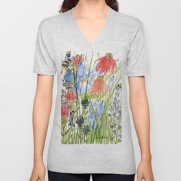 Botanical Garden Wildflowers and Bees V Neck T Shirt