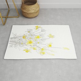 white daisy and yellow daffodils ink and watercolor Rug