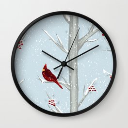 Red Cardinal Bird In The Winter Forest Wall Clock