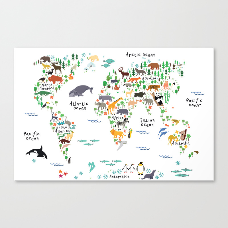 Nursery Animal World Map Canvas Print |Multiple Sizes Wrapped Canvas on Wooden Frame Nursery Animal World Map Wall Art