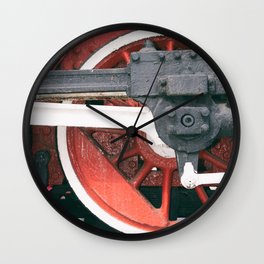 Retro steam locomotive wheels and rods. Details of mechanical parts. Wall Clock