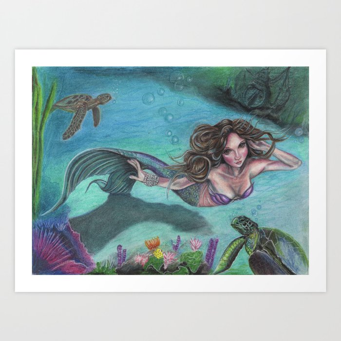 Mermaid In The Deep By Laurie Leigh Sea Turtles Sunken Ship Art Art Print By Laurieleighart