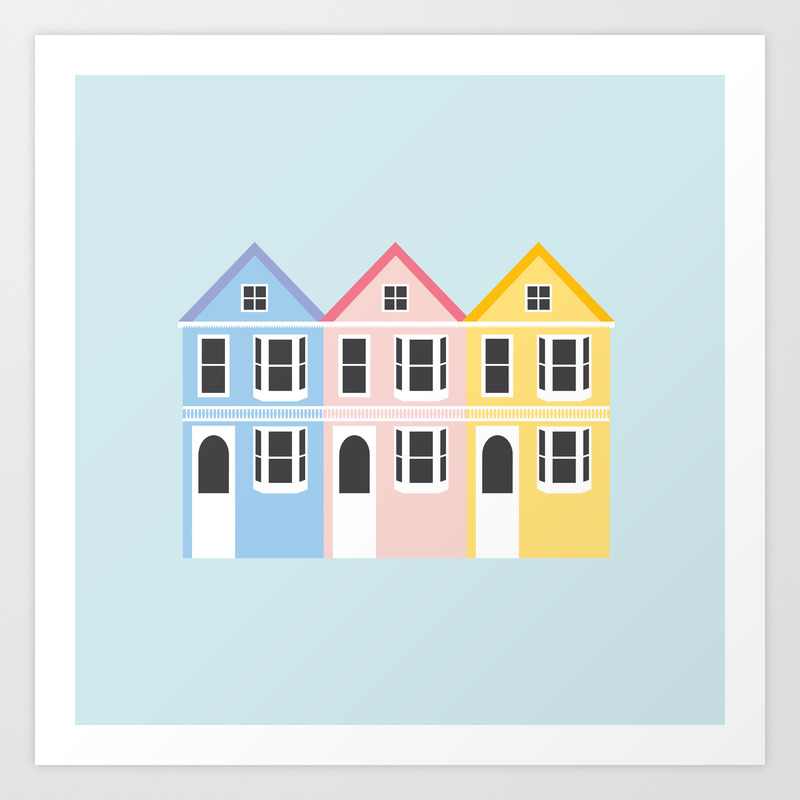 Wall Decor Painted Ladies Blue SAN FRANCISCO Victorian Houses Pink CALIFORNIA 5 x 7 Colorful Illustration Art Print Yellow