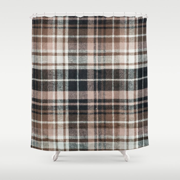 Plaid Fabric Print In Brown Black And, Black White And Brown Shower Curtain