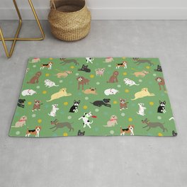 Happy Dogs with Polka Dots on Grass Green Background Rug