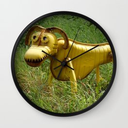 Robot Dog walk Yellow Metal Pet Funny recycling sculpture Trash Art Outdoor photography Wall Clock