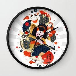 Japanese Geisha Surrounded With Colorful Carps Japanese Elements Wall Clock