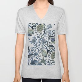 Blue vintage chinoiserie flora V Neck T Shirt