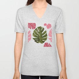 "Moss green leaf and pink flamenco polka dots" V Neck T Shirt