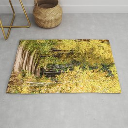 Yellow Tree Road // Hiking in the Forest Deep Into Autumn Colorful Trees Rug