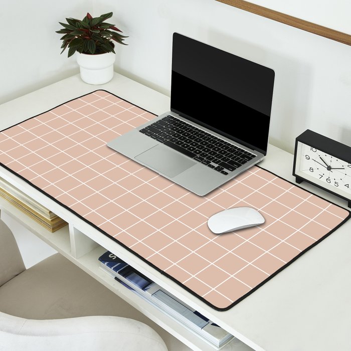 Society6 Desk Mat Medium grid pattern with white lines on pale dusty pink color by ARTbyJWP