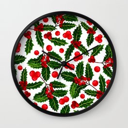  Watercolour Christmas pattern, red berries, holly, white background. Wall Clock