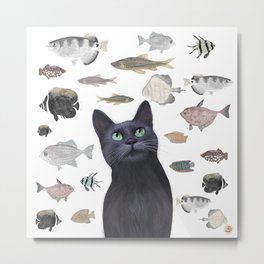 The Black Cat Waiting for a Fish to Come By Metal Print