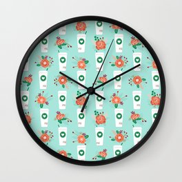 Coffee lovers mint floral bouquet gift idea for sbucks fan java pattern kitchen food Wall Clock