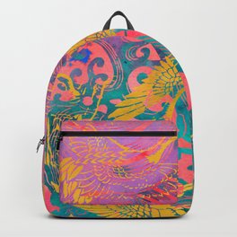Waves and Cranes Chinoiserie Art Print | Japanese Katagami Stencil Design in Pink, Emerald Green, Saffron Yellow Backpack