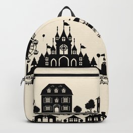 Vintage Fantasy Castle Wonderland Amusement Park in Black and White Cream Backpack