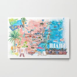 Miami Florida  Illustrated  Travel  Map  with  Roads  and  Highlights Metal Print