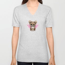 Cute Baby Cheetah Cub with Fairy Wings on Pink Unisex V-Neck