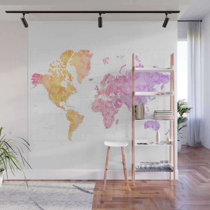 Colorful gradient highly detailed world map with cities, square, Missy Wall Mural
