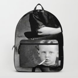 Smoking Boy with Chicken black and white photograph - photography - photographs Backpack | Poster, Offbeat, Macabre, Humorous, Walldecor, Bizarre, Chicken, Weird, Smokingboy, Classic 