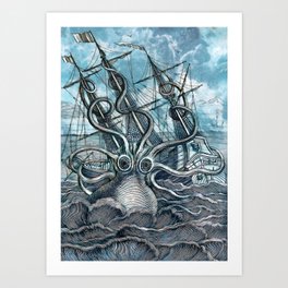 Octopus Giant Ship Wall Hangings Tapesty Vintage Art Print Poster 