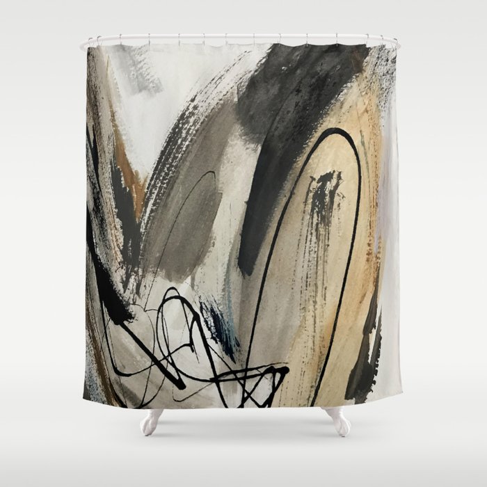A Neutral Abstract Mixed Media Piece In, Black White And Brown Shower Curtain
