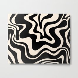 Retro Liquid Swirl Abstract Pattern 3 in Black and Almond Cream Metal Print