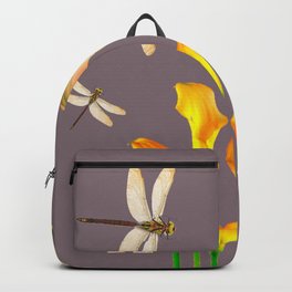GOLD CALLA LILIES & DRAGONFLIES ON GREY Backpack