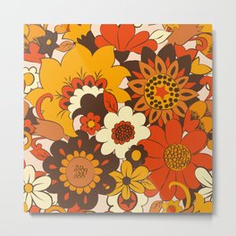 Retro 70s Flower Power, Floral, Orange Brown Yellow Psychedelic Pattern Metal Print