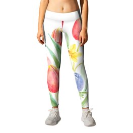 red tulips and yellow daffodils watercolor  Leggings