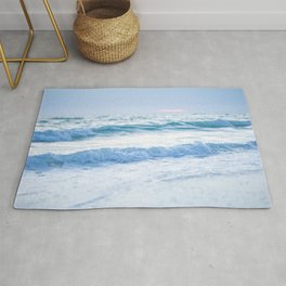 Rolling Tide // A Modern Artsy Style Graphic Photography of White Blue Green Washed Out Waves Rug