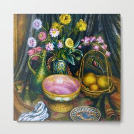 Still Life with Calla Lily, Zinnia, Flowers, Bird, Fruit, & Candy Bowl by Edward Middleton Manigault Metal Print