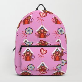 gingerbread houses, candy lollipops. Retro vintage cozy baby pink Christmas pattern Backpack