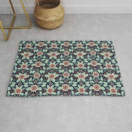 Red, Turquoise, Cream & Navy Blue Floral Pattern Rug