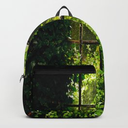 Green idyllic overgrown cottage garden window Backpack