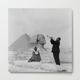 Louis Armstrong at the Spinx and Egyptian Pyrimids Vintage black and white photography / photographs Metal Print