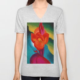 Red Canna Lilies Flower Still life Portrait Painting by Georgia O'Keeffe V Neck T Shirt