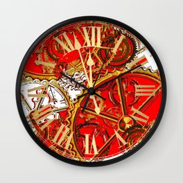 RED-WHITE ABSTRACT GOLDEN STEAMPUNK CLOCK WORKS Wall Clock