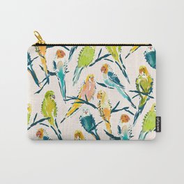 BOUNTIFUL BUDGIES Watercolor Parakeets Cream Carry-All Pouch | Parakeetprint, Parakeets, Colorful, Cute, Pattern, Watercolor, Aviary, Birds, Painting, Budgies 