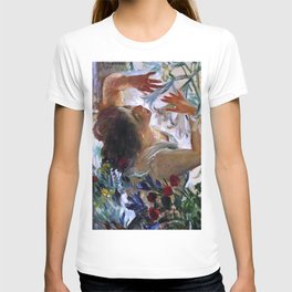 Woman with Lilies, Calla Lilies, and Blue Iris still life floral portrait painting by Lovis Corinth T Shirt
