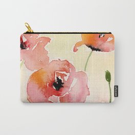 Coral Poppy Field Abstract Floral Carry-All Pouch | Painting, Watercolor, Handpainted, Floral, Coral, Flowers, Poppies, Original, Yellow, Abstract Floral 